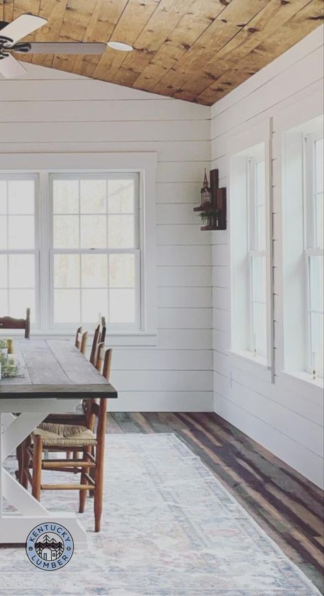 Sunroom Ceiling Ideas, Shiplap Walls And Ceilings, Barn Wood Flooring, Stained Shiplap, Barnwood Floors, Wood Plank Ceiling, Shiplap Ceiling, Modern Farmhouse Dining Room, Shiplap Walls