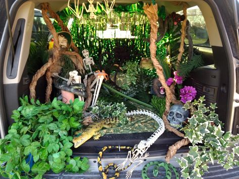 Forest Theme Trunk Or Treat, Adam And Eve Trunk Or Treat, Jungle Theme Trunk Or Treat Ideas, Forest Trunk Or Treat Ideas, Jungle Theme Trunk Or Treat, Haunted Forest Trunk Or Treat, Haunted Jungle Halloween, Safari Trunk Or Treat Ideas, Jungle Trunk Or Treat Ideas