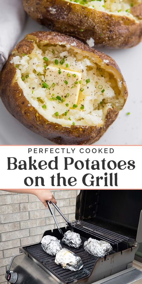 These baked potatoes are cooked on the grill, making them a super easy side dish to make whenever you're grilling out! They have crispy skin and are so fluffy on the inside, plus they're naturally vegan and Whole30 compliant. Load them up with plenty of toppings and serve alongside grilled protein. #grill #grilled #whole30 #healthy #summer Baked Potatoes On The Grill, Grilled Protein, Bbq Baked Potatoes, Potatoes On The Grill, Grilled Baked Potatoes, Potato Calories, Cooking Baked Potatoes, Best Baked Potato, Grilled Recipes