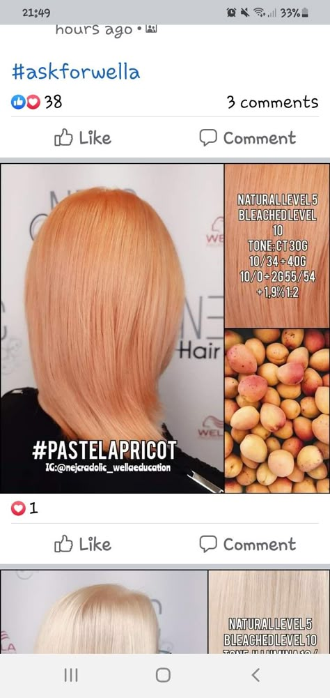 Blorange Hair Formula, Apricot Hair Color, Rose Gold Formula, Toning Formulas, Blorange Hair, Apricot Hair, Wella Toner, Hair Formulas, Colour Me Beautiful