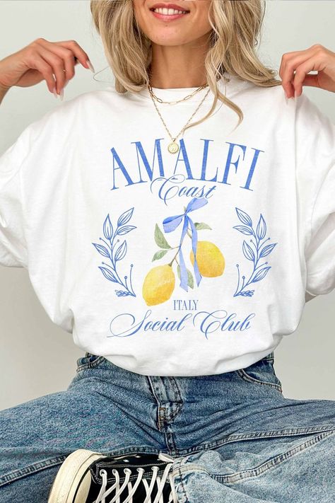 Amalfi Coast Tee Halloween Crop Top, Ron Jon, Halloween Skirt, Letter Print Tee, Oversized Graphic Tee, Lemon Print, Comfort Color, Fabric Texture, Social Club