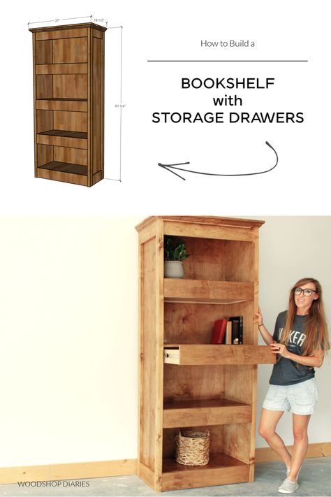 Check out this DIY bookshelf with hidden storage drawers! Learn how to build your own with printable building plans! Diy Wooden Bookshelf, Bookshelf With Drawers, Bookcase Plans, Writing Studio, Diy Bookshelf, Bookshelf Plans, Bookcase Diy, Wood Bookshelves, Diy Drawers