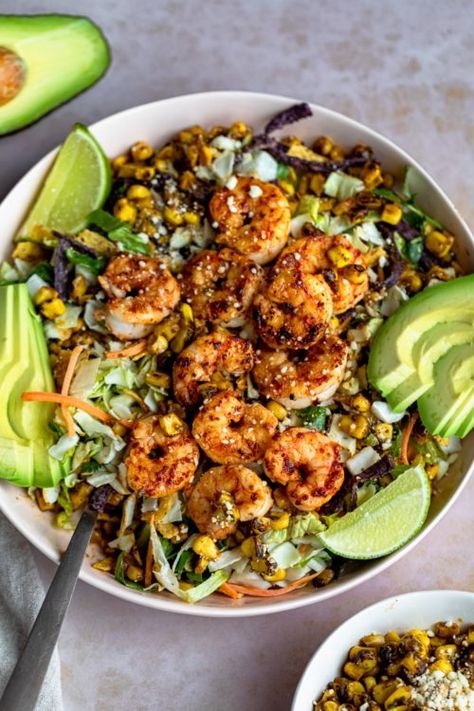 Shrimp Street Corn Salad - Dash of Mandi Trader Joes Argentinian Red Shrimp, Trader Joes Roasted Corn Recipes, Trader Joe’s Argentinian Red Shrimp Recipe, Trader Joes Salad Ideas, Argentinian Shrimp Recipe, Argentinian Shrimp, Street Corn Salad Recipe, Trader Joes Recipes Healthy, Southwestern Chopped Salad