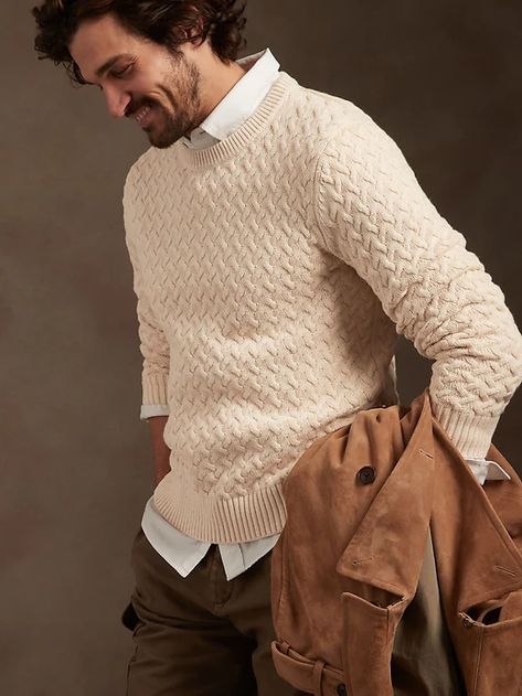 Cable-Knit Sweater | Banana Republic Mens Ribbed Sweater, Mens Academic Fashion, White Cable Knit Sweater Outfit Men, Mens Cable Knit Sweater Outfit, Beige Knit Sweater Outfit Men, Sweater Collared Shirt Outfit Men, White Knit Sweater Outfit Men, Men Cable Knit Sweater, Cable Knit Sweater Men