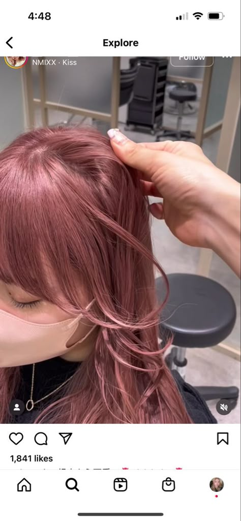 Cherry Pink Highlights, Dusty Pink Brown Hair, Strawberry Milk Tea Hair, Pink On Brown Hair No Bleach, Dull Red Hair, Redish Pinkish Hair, Purplish Pink Hair, Cherry Pink Hair Color, Coral Brown Hair