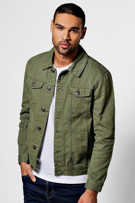 boohoo Khaki 4 Pocket Denim Jacket Olive Denim Jacket Outfit Men, Combat Jacket Outfit Men, Olive Green Denim Jacket Outfit Men, Green Jacket Men Outfits, Green Denim Jacket Outfits Men, How To Style Green Jacket, Olive Jacket Outfit Men, Olive Green Jacket Outfit Men, Green Jacket Outfit Men