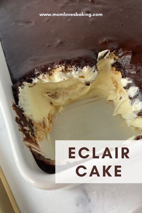 Easy No-Bake Chocolate Eclair Cake - This recipe is great for when you want a sweet treat without having to turn on the oven. It's also a crowd-pleaser at potlucks and parties! Get the recipe: https://www.momlovesbaking.com/easy-no-bake-chocolate-eclair-cake-recipe/ Eclare Cake Recipe Chocolate Eclairs, Easy Dessert Recipes No Bake Chocolate Eclair Cake, Easy Chocolate Eclair Cake, No Bake Eclair Cake Recipe, Gluten Free Eclair Cake, Choc Eclair Dessert, Chocolate Eclair Cake Recipe, Eclair Cake With Chocolate Ganache, Easy Eclair Dessert