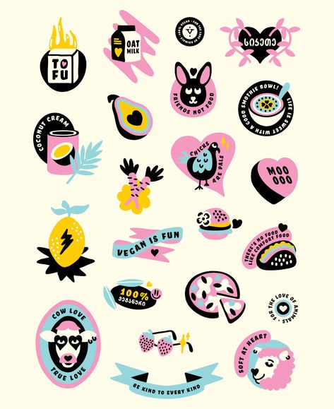 Creative Sticker Design Inspiration, Sticker Design Ideas Graphics, Vegan Art Illustration, Vegan Aesthetic Art, Vegan Logo Design, Vegan Branding, Berry Trifle Recipe, Icons Graphic Design, Illustrated Stickers