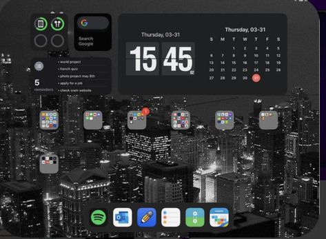 Ipad Home Wallpaper, Ipad 16 Ios, Aesthetic Ipad Homescreen Layout Black, Ipad Widget Layout Ideas, Ipados 16 Wallpaper, Ipad Home Screen Setup, Home Screen Organization Ipad, Ipad Homescreen Widget Ideas, Ipad Pro Widget Aesthetic