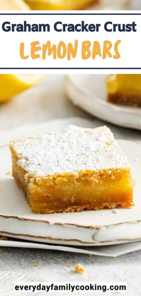 My lemon bars with graham cracker crust are full of citrus flavor! Featuring a crisp and buttery graham cracker crust, they’re a wonderfully sweet dessert. Enjoy as is or with whipped cream! Spring Baked Goods, Recipe For Lemon Bars, Bars With Graham Cracker Crust, Easy Lemon Bars, Desserts With Few Ingredients, Homemade Graham Cracker Crust, Lemon Bars Easy, Easy Easter Desserts, Sweet Breakfast Treats