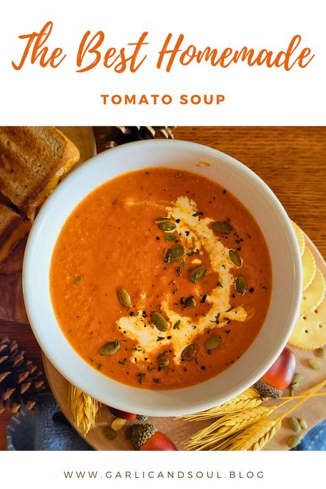 Try this flavorful, warm homemade tomato soup made from scratch! Pair with a delicious grilled cheese sandwich or a fresh salad. Fresh Homemade Tomato Soup, Quick Homemade Tomato Soup, Homemade Tomato Soup And Grilled Cheese, Tomatoe Soup Homemade Fresh, Diy Tomato Soup Easy Recipes, Healthy Homemade Tomato Soup, Cream Of Tomato Soup Homemade, Tomato Soup Crushed Tomatoes, Easy Tomato Soup With Fresh Tomatoes