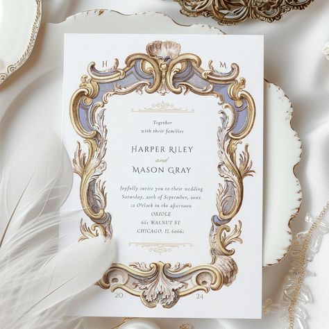 Step into a world of regal elegance with this Baroque Flourish Wedding Invitation Suite, designed for those who cherish classical beauty. The front and back of the invitation are encased in a sumptuous frame, drenched in hues of gold, cream, and a serene duo of sky and powder blues, which together evoke the tranquil beauty of a rococo painting. The frame itself is a masterpiece, with swirls and flourishes that reflect the grandeur of Baroque architecture and the ornate detail of period tapestrie Royal Monogram Design, Baroque Wedding Invitations, Baroque Wedding Theme, Quince Invites, Rococo Wedding, Wedding Crest Monogram, Rococo Painting, Royal Invitation, Regal Wedding