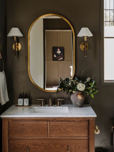 Sink Mirror, Powder Room Decor, Bathroom Paint Colors, Chic Spaces, Bathroom Trends, Bathroom Renos, House Bathroom, Custom Home Builders, Beautiful Bathrooms