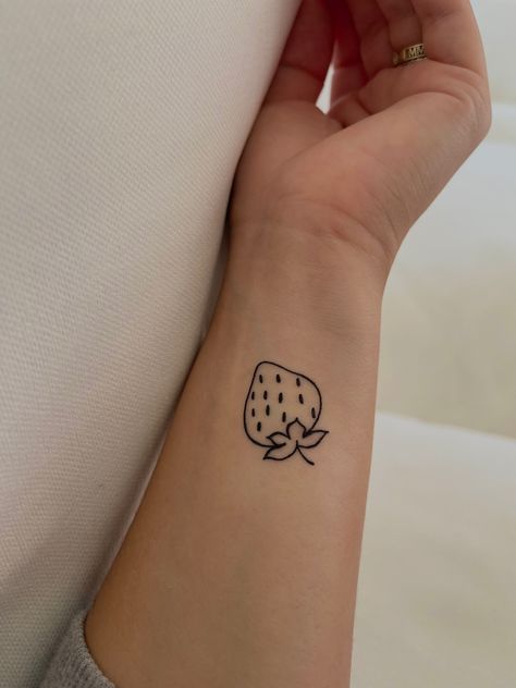 Fine Line Strawberry Tattoo, Small Strawberry Tattoo, Strawberry Tattoo Minimalist, Fruit Tattoo Ideas, Simple Line Tattoo, Blue Ink Tattoos, Strawberry Tattoo, Fruit Tattoo, Stick Poke Tattoo