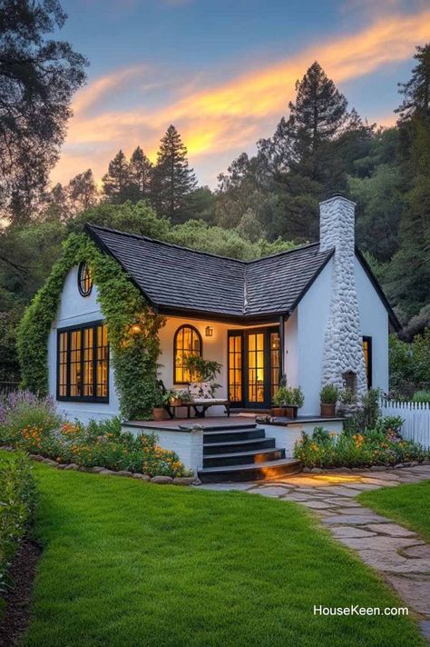 The grid pattern on the glass adds a touch of sophistication and visual interest, while the crisp white exterior maintains a clean, inviting look. Fairytale Houses, Victorian Greenhouse, Cottage Tiny House, Brick Cottage, Cottage Exteriors, Home Feeling, Welcoming Home, Bungalow Exterior, Cute Cottage