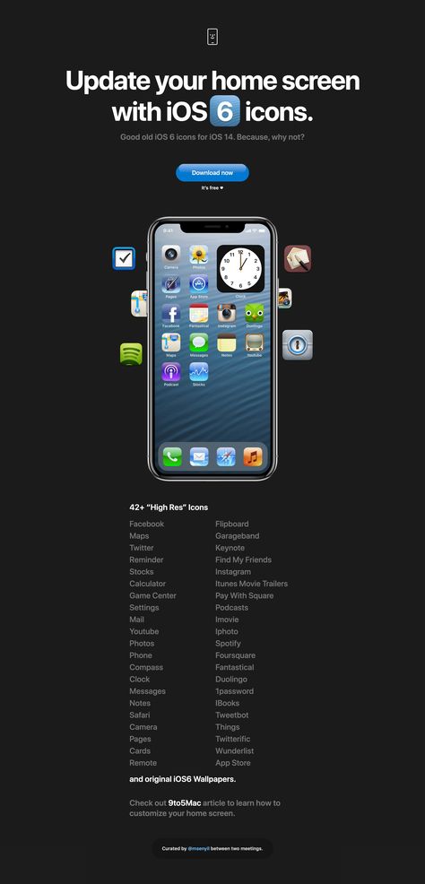 Dark-schemed One Pager promoting a fun set of vintage iOS 6 icons for your new iOS 14 custom icon setup. Ios 6 Icons, Launch Checklist, One Pager, Find My Friends, Icons Website, Apple Home, One Page Website, Ios Design, Update Your Home