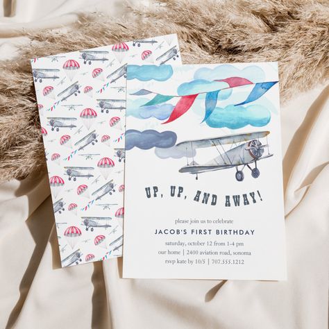 Up & Away | Vintage Airplane Birthday Party Invite First Birthday Party Invitations, Vintage Airplane Birthday Party, Vintage Airplane Birthday, Planes Birthday, Airplane Theme, Airplane Birthday Party, Vintage Airplane, Vintage Birthday Cards, Birthday Party Invite