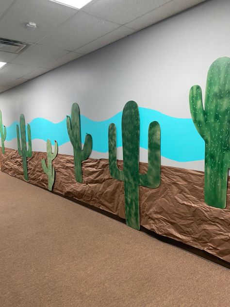 Desert Decoration Ideas Party, Western Theme School Hallway, Monumental Vbs 2022 Decorations Diy, Western School Decorations, Wild West Hallway Decorations, Vbs Monumental Decorations, Vbs Desert Decorations, Desert Stage Design, Saddle Ridge Ranch Vbs