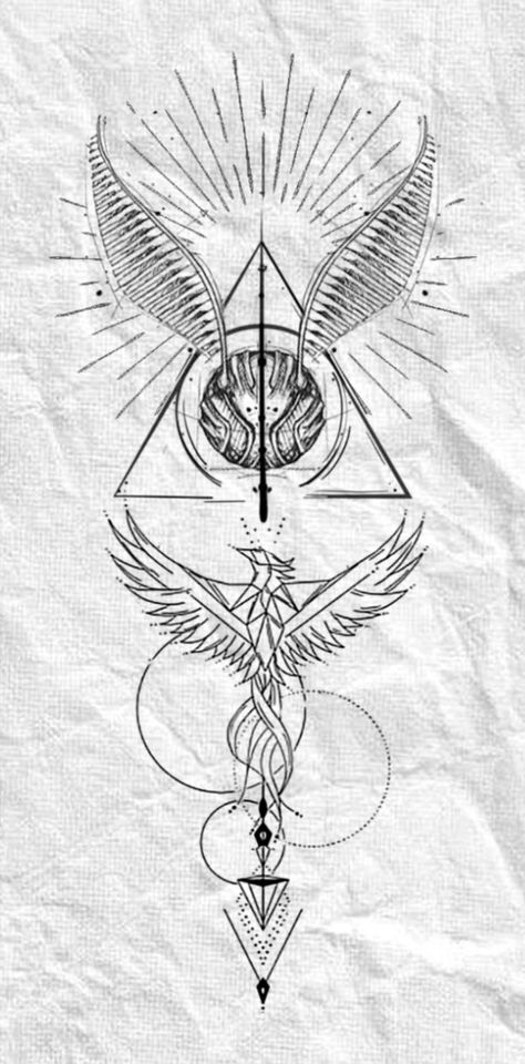 Buckbeak Tattoo Harry Potter, Harry Potter Books Tattoo Design, Deathly Hallows Phoenix Tattoo, Drawing Harry Potter Ideas, Snitch Harry Potter Tattoo, Back Tattoo Harry Potter, Geometric Harry Potter Tattoo, Deathly Hallows Symbol Tattoo, Harry Potter Tattoos Fine Line