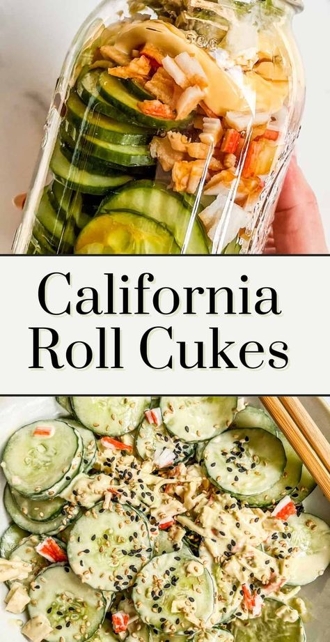 Have you tried the whole cucumber salads going viral on TikTok? This sliced cucumber California roll salad is so worth making! If you like California rolls, you'll love this easy dish. It's fresh, creamy, crispy, and has lots of great flavor! Low Carb California Roll, Sushi Cucumber Salad Recipe, Spicy Tuna Cucumber Salad, Sliced Cucumber Salad, Cucumber Salad Everything But The Bagel, California Roll Salad Recipe, Imitatation Crab Cucumber Salad Recipe, California Roll Cucumber, Viral Cucumber Salad With Salmon