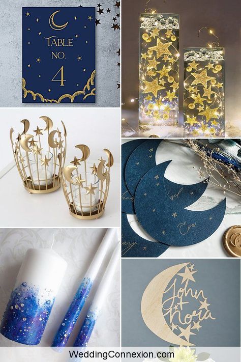 Get ready to make your big day sparkle and shine like the night sky with a starry night wedding decor. Inspired by the night sky, transform an ordinary venue with a celestial theme decor that revolves around the moon and shimmery stars in dark blue, gold, silver and black. A starry night wedding decor makes for a dreamy and romantic theme with ideas from WeddingConnexion.com Galaxy Inspired Wedding, A Night With The Stars Theme, Night Under The Stars Decorations, Space Themed Wedding Centerpieces, Written In The Stars Engagement Party, Starry Wedding Decor, Night Sky Wedding Decor, Celestial Table Centerpiece, Starry Night Table Decor