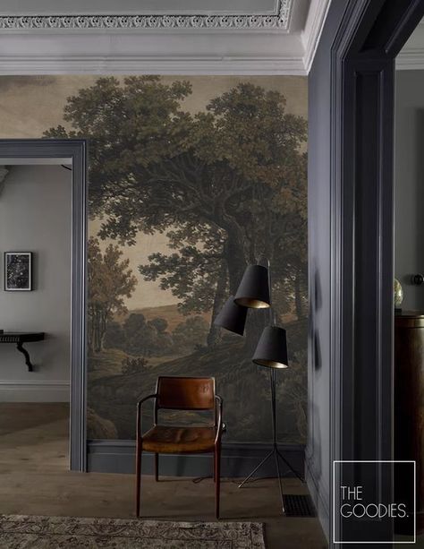 The wallpaper showcases a beautiful, detailed tree and landscape scene. The mural adds depth and a focal point to the room. Ideal for those looking to incorporate art and nature into their interior design, this mural wallpaper transforms the space into a relaxing, elegant retreat. MATERIALS: * * * REGULAR PAPER MATERIAL - Basic: Basic, thick paper material with a satin finish. Regular, paste-the-paper application. For better results, the wall should be light and smooth. The material reflects lig Nature Wallpaper Dining Room, Wallpaper For Tall Walls, Landscape Wallpaper Bathroom, Wall Tree Mural, Mural Wallpaper Entryway, Photo Wall Mural, Forest Scene Wallpaper, Moody Wallpaper Entryway, Classic Bathroom Wallpaper