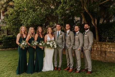 Greenery Wedding Outfit, Suits For Green Wedding, Dark Green Tuxedo Wedding Groom Style, Emerald Green And Tan Wedding Party, Hunter Green Wedding Bridal Party, Wedding Party Attire Green, Hunter Green Wedding Groomsmen, Wedding Party Green Dresses, Flowers That Go With Emerald Green