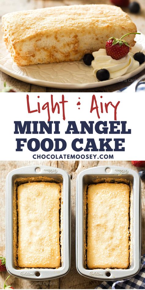 Light & Airy Mini Angel Food Cake are prepared in small loaf pans using whipped egg whites and without cream of tartar. There is technique required in preparing this angel food cake recipe from scratch, but I will walk you through the process to ensure your success. Serve with fresh berries and whipped cream. Angel Food Cake Without Tube Pan, Easy Angel Food Cake Recipes 2 Ingredients, Small Batch Angel Food Cake, Mini Angel Food Cake, Angel Food Cake Recipes, Microwave Chocolate Chip Cookie, Lemon Angel Food Cake, Low Fat Cake, Pan Desserts