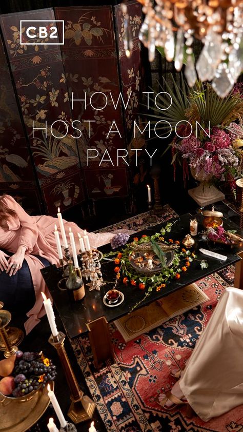 how to host  full moon party Cb2 Style, Moon Party Ideas, Goddess Party, Modern Halloween Decor, Moon Circle, Halloween Entertaining, Full Moon Party, Flowers And Candles, Witch Party