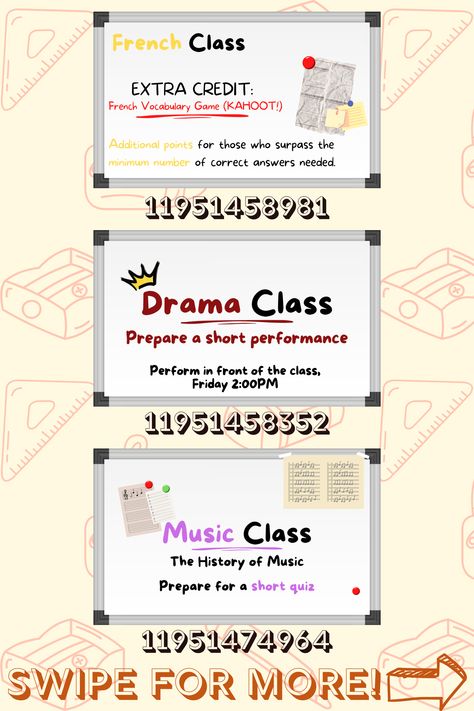 Add more subjects to your bloxburg school rps using these whiteboard and chalk board decals! New subjects: french class, music class, and drama class! WANT MORE TO MATCH? I have more whiteboard and chalkboard decals, check out my profile I made sections for it under the board "Bloxburg Decals" #roblox #bloxburg #bloxburgdecals #decals #bloxburgschoolboard #bloxburgschool #bloxburgwhiteboard #bloxburgchalkboard #bloxburgmusicclass #bloxburgfrenchclass #bloxburgdramaclass Prairie Style House Plans, Bloxburg House Plans, Modern Prairie Style, Bloxburg School, Bloxburg Decals Codes Aesthetic, Modern Prairie, Preppy Decal, School Decal, Roblox Image Ids