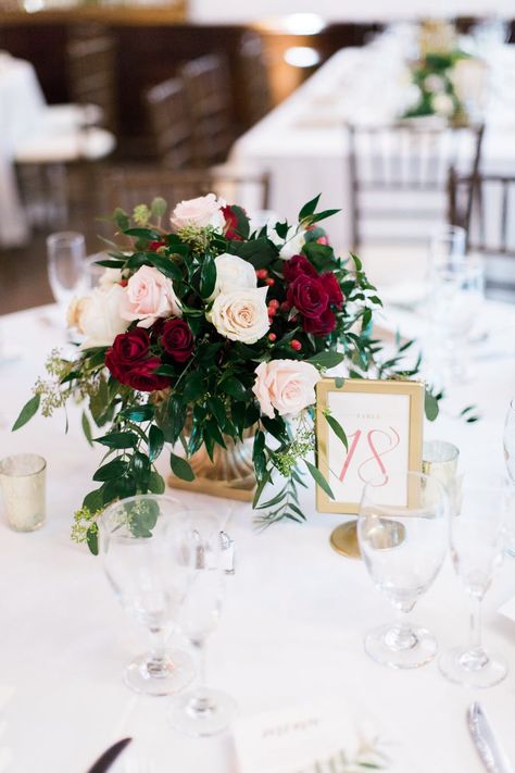 Wedding Flowers - green, dark red, peach, and ivory w/ gold accents Beautiful Wedding Centerpiece, Flowers And Greenery, Unique Wedding Flowers, Wedding Floral Centerpieces, Flower Centerpieces Wedding, Wedding Flower Arrangements, Wedding Table Centerpieces, Burgundy Wedding, Reception Decor