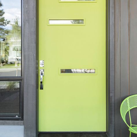 10 Modern Front Doors We are Loving Right Now | Family Handyman Lime Green Front Door, Green Front Door, Painted Outdoor Furniture, Garage Door Paint, Pink Front Door, Yellow Front Doors, Best Front Doors, Front Door Styles, Green Front Doors