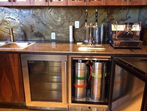 When you think of a bar, you usually think of your neighborhood bar that you hit up to watch a game or meet some friends. But what if you could have a... | Build Your Own Kegerator and Beer Tap #basementbar #basement #bar #homedecor #decoratedlife Home Kegerator Bar, Built In Kegerator Home Bars, Bar With Kegerator Built Ins, Basement Brewery, Kegerator Bar, Brew Room, Basement Bar Decor, Bar Decor Ideas, Basement Remodel Ideas