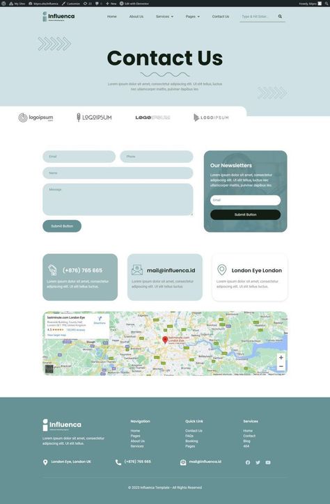 Influencer Marketing Agency Elementor Template Kit Website Contact Page Design Layout, Contact Page Web Design Layout, Contact Design Layout, Website Footer Ideas, Website Elements Design, Web Contact Page, About Us Page Design Website Creative, Contact Design Website, Webpage Design Layout Templates