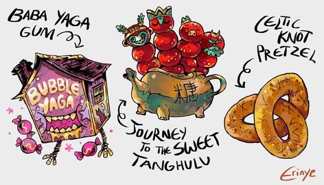 Some sweet sweet mytho food for the season~ 🍭🍬🍡 . . . Next up im bout to make some magical sandwiches woop woop #mythology #food #dessert Magical Food Art, Monster Food Art, Fantasy Food Ideas, Fantasy Food Concept Art, Cyberpunk Food, Props Illustration, Cartoon Props, Dnd Food, Magical Food