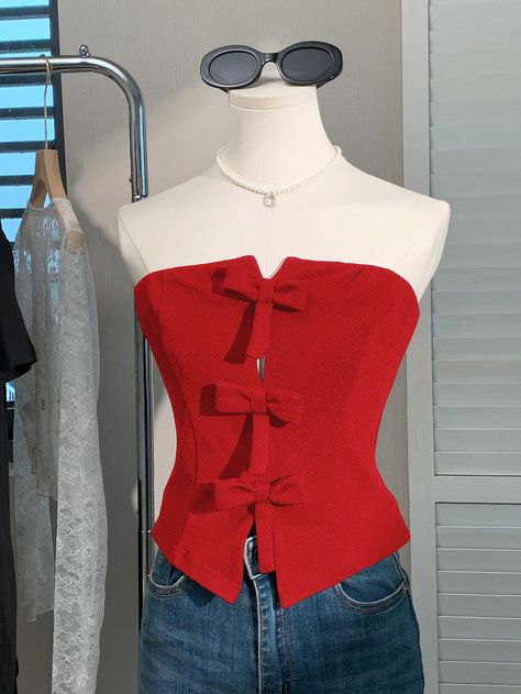 Knit Tube Top For Women Red Casual  Sleeveless Knitted Fabric Plain  Slight Stretch  Women Clothing, size features are:Bust: ,Length: ,Sleeve Length: Red Corset Top, Knit Tube Top, Red Things, Red Corset, Red Tops, Top For Women, Red Outfit, Ladies Party, Corset Top