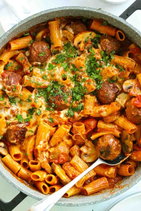 This simple dead-cert family favourite uses ready-made meatballs because sometimes quick wins are a must. Meatball Pasta Bake is served in just 30 minutes and is so delicious. Rotini And Meatballs, Creative Cookery Recipes, Pasta Bake With Meatballs, Pasta And Meatballs Recipes, Meatball Pasta Bake Recipes, Meatballs Noodles, Meatball Pasta Recipes, Kielbasa Sausage Recipes, Pasta And Meatballs