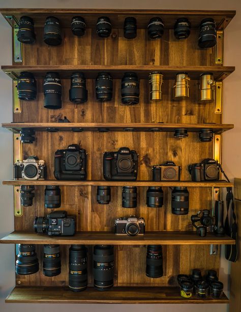 DIY: Shelf for all my lenses - Creativity post - Imgur Photography Gear Storage, Photography Equipment Storage, Photographers Office, Camera Gear Storage, Photography Storage, Photography Studio Spaces, Photo Studio Design, Photography Studio Decor, Photography Studio Design