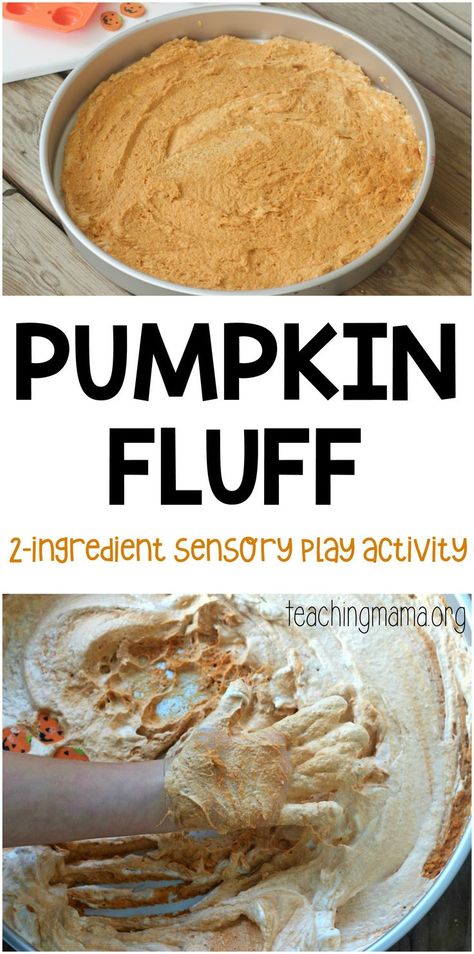 Pumpkin Fluff Sensory Activity - a really fun sensory play activity for children. And you only need 2 ingredients! Thanksgiving Sensory, Pumpkin Lesson Plans, Thanksgiving Activities For Toddlers, November Lesson Plans, Thanksgiving Lesson Plans, Pumpkin Lessons, Pumpkins Preschool, Pumpkin Fluff, Sensory Play Ideas