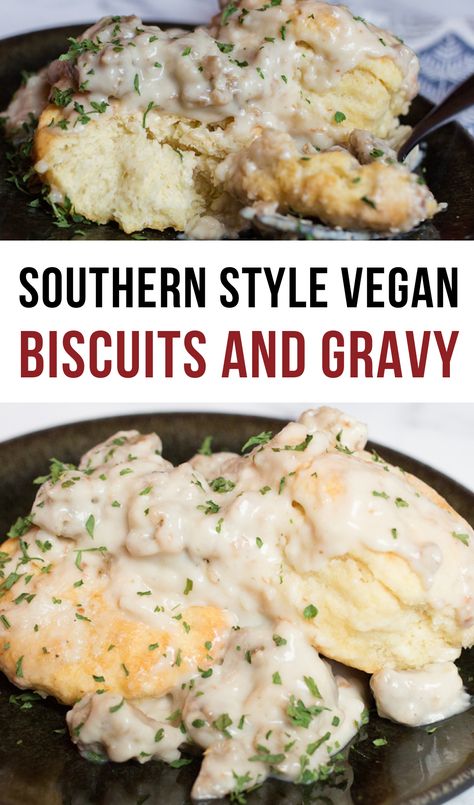 Vegetarian Gravy Biscuits, Vegetarian Biscuits And Gravy Recipes, Veggie Biscuits And Gravy, Vegan Gravy For Biscuits, Gf Vegan Breakfast, Vegetarian Southern Food, Southern Vegetarian Recipes, Southern Vegan Recipes, Vegan Southern Food