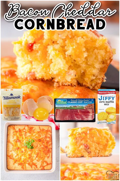 Bacon Cheddar Cornbread, Savory Cornbread Recipe, Cheese Cornbread, Jiffy Recipes, Bacon Cornbread, Jiffy Cornbread Recipes, Cheesy Cornbread, Cornbread Cake, Bacon Butter