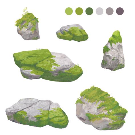 Moss On Rocks Drawing, Moss Digital Art, How To Draw Moss On Rocks, How To Color Rocks Digital, Rocks Digital Painting, Rock With Moss Drawing, Pond Reference Drawing, Mossy Rock Drawing, Moss Texture Drawing