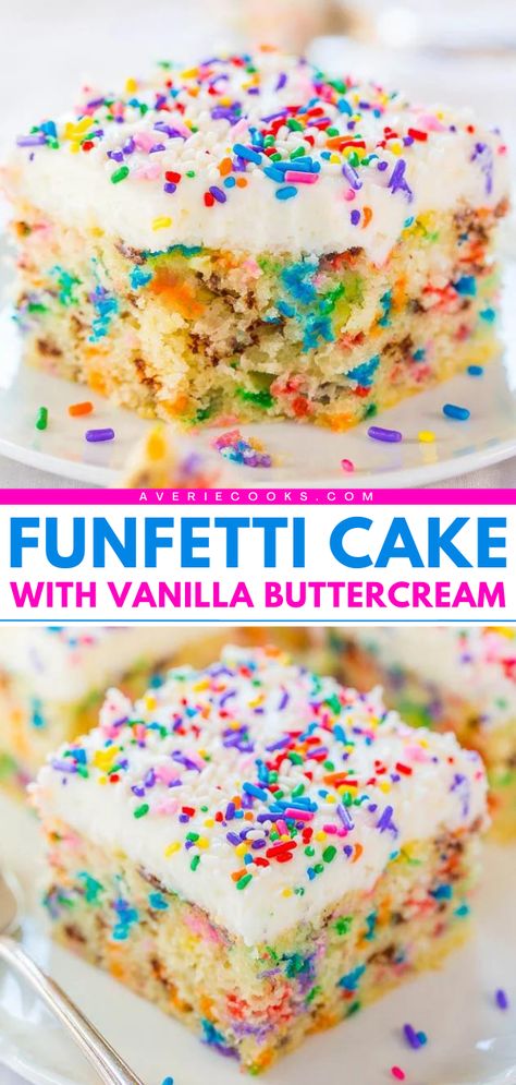 A Mother's Day baking recipe from scratch! Your Mother's Day dessert ideas must have this confetti cake. Loaded with sprinkles from the batter to the vanilla buttercream frosting, this easy homemade funfetti cake tastes amazing! Funfetti Cake Sheet Cake, Super Moist Funfetti Cake, Funfetti Cake With Buttercream Frosting, Very Simple Birthday Cake, Birthday Cake Flavor Recipes, Funfetti Cake Frosting, Vanilla Funfetti Cake Recipe, Vanilla Confetti Cake Recipe, Homemade Cakes Birthday