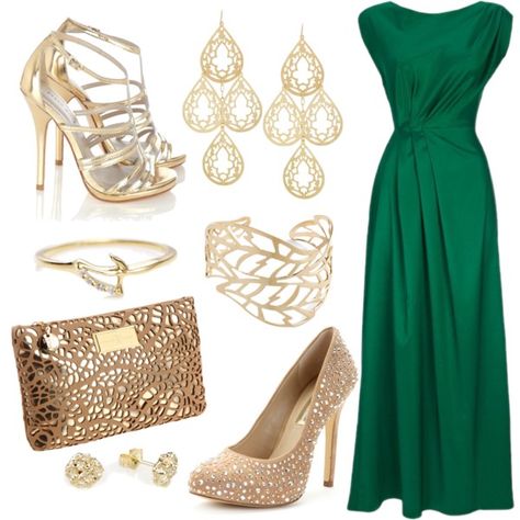 Long Jem colored dress Emerald Green Dress Accessories Formal, Emerald Dress With Gold Accessories, Gold Shoes Outfit Dress, Green Dress Accessories Jewelry Formal, Accessories For Green Dress Formal, Green Prom Dress With Gold Accessories, Gold Jewelry With Green Dress, Emerald Green Dress Gold Accessories, Jewelry For Green Dress Formal