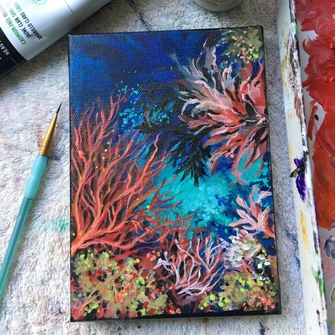 Original acrylic painting on canvas - Free Shipping within the US A3 Canvas Painting, Coral Painting Acrylic, Ocean Painting Acrylic Easy, A3 Painting, Ocean Acrylic Painting, Sea Life Painting, Coral Painting, Easy Canvas Painting Ideas, Canvas Painting Ideas For Beginners