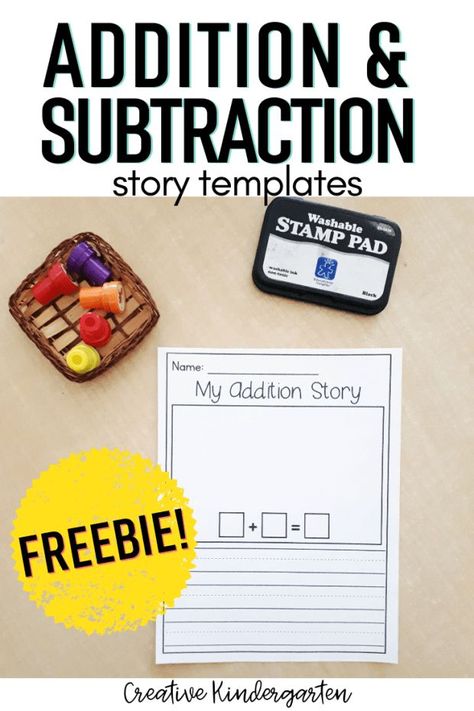 Engage students when teaching addition and subtraction skills with this FREE template. Students make their own stories to show their understanding of these math concepts. #addition #subtraction #freebie #creativekindergarten Subtraction Within 5 Kindergarten, Subtraction Within 20 Activities, Addition Craftivity First Grade, Addition Math Games First Grade, Addition And Subtraction Craft, Adding Kindergarten Activities, Addition Strategies Kindergarten, Story Problems Kindergarten, Subtraction Craft