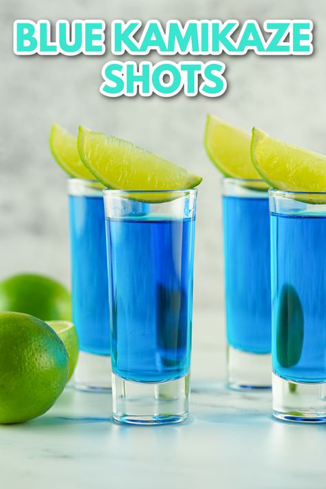 These Blue Kamikaze Shots Are Almost Too Pretty to Drink Blue Kamikaze Shot Recipe, Blue Curacao Shots, Kamikaze Shot Recipe, Kamikaze Shot, Blue Kamikaze, Kamikaze Cocktail, Blue Tequila, Vegan Cocktails, Vodka Blue