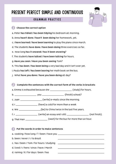 White Lilac And Greyscale Present Perfect Simple And Continuous Grammar Practice Worksheet - Templates by Canva Present Simple And Continuous Worksheet, Present Perfect Continuous Worksheets, Present Perfect Worksheets, Present Continuous Worksheet, Present Perfect Simple, Esl Flashcards, Present Perfect Continuous, Weekly Lesson Plan Template, Present Continuous