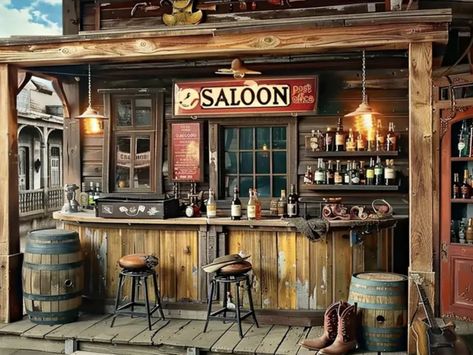 Old Western Saloon Bar, Cowboy Bar Ideas, Saloon Bar Ideas Western Theme, Saloon Style Bar, Old Western Bar, Western Saloon Interior, Saloon Bar Ideas, Western Saloon Bar, Saloon Decor Interior Design