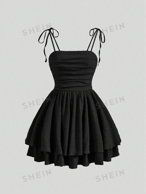 SHEIN MOD Solid Tie Shoulder Ruched Bust Cami Black Summer Dress | SHEIN USA Short For Women Outfit, Prom Dresses Cute Short, Black Dress Flowy Short, Cute Prom Dress Short, Hot Short Black Dress, High School Dance Dresses Short, Homecoming Dresses For 6th Graders, Halloween Dance Dress, Cute Black Homecoming Dresses